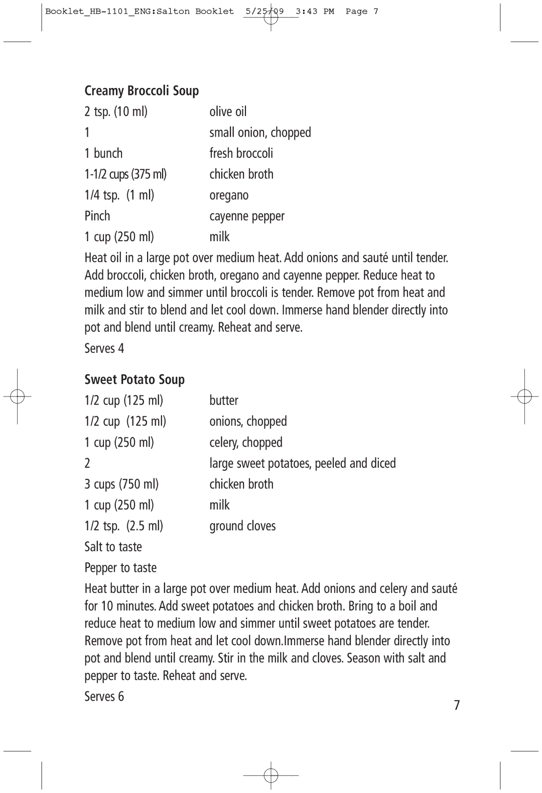 Salton HB-1101 manual Tsp ml Olive oil 