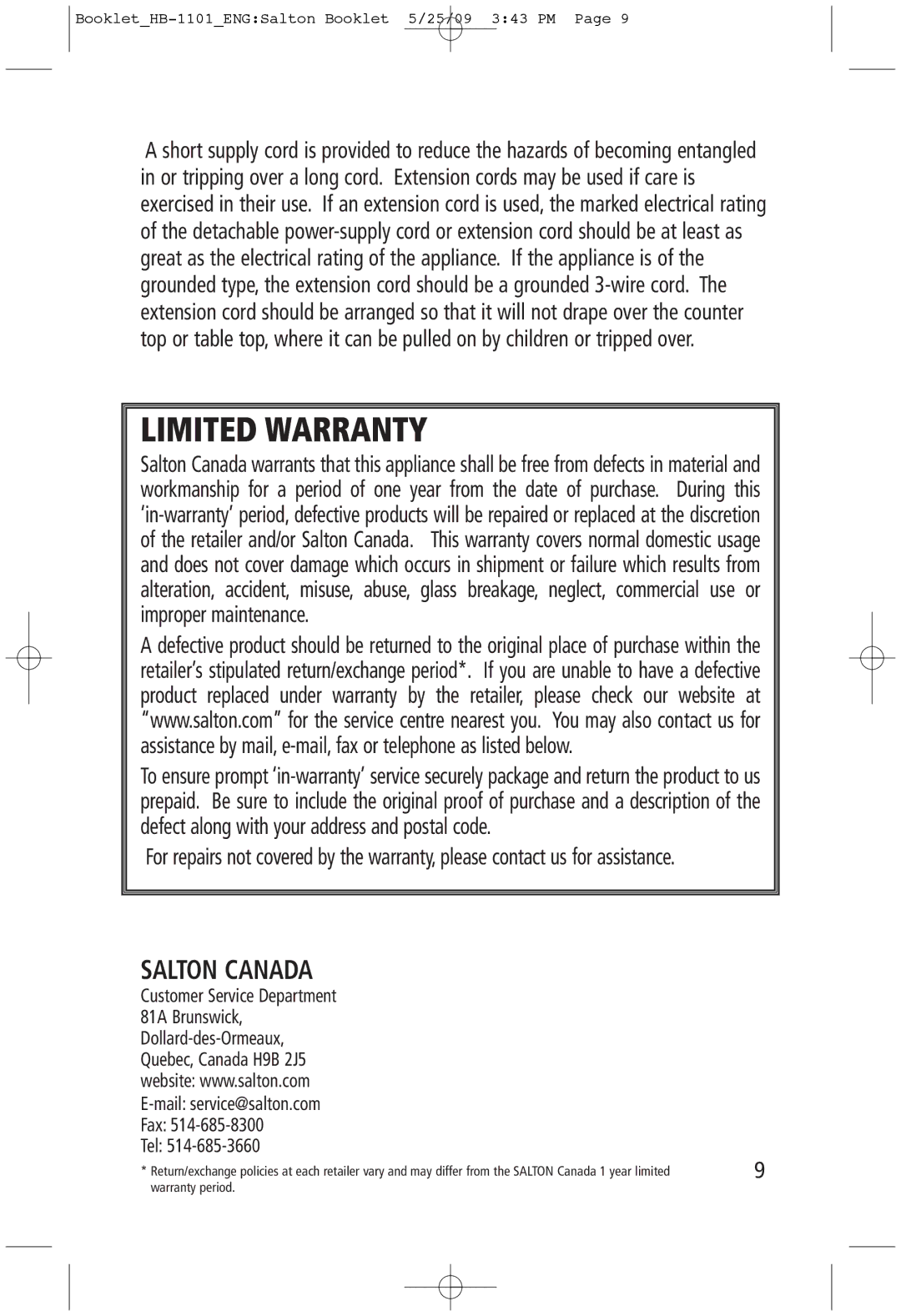 Salton HB-1101 manual Limited Warranty, Salton Canada 