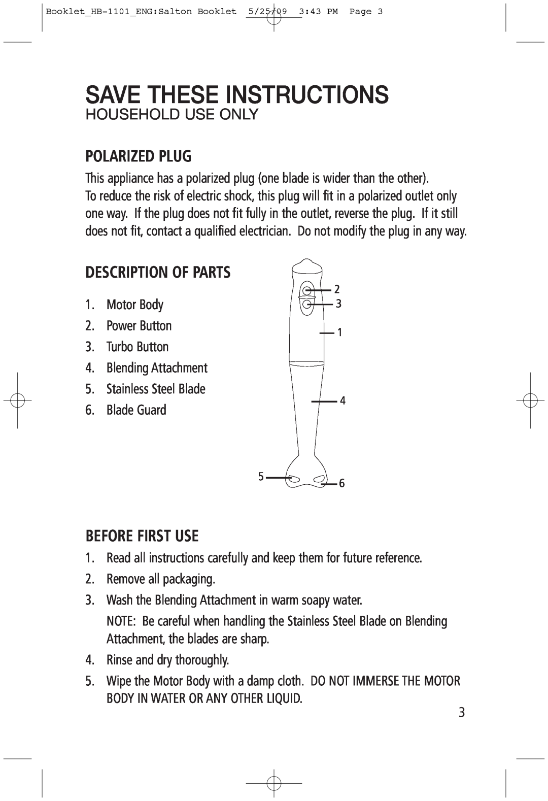 Salton HB-1101 manual Polarized Plug, Description Of Parts, Before First Use, Save These Instructions, Household Use Only 