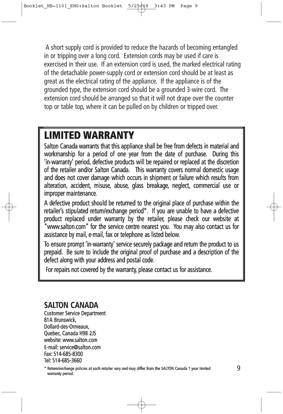 Salton HB-1101 manual Salton Canada, Limited Warranty 
