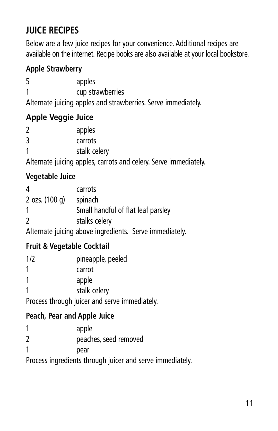 Salton JE-1013 manual Juice Recipes, Apple Strawberry, Apple Veggie Juice, Fruit & Vegetable Cocktail 