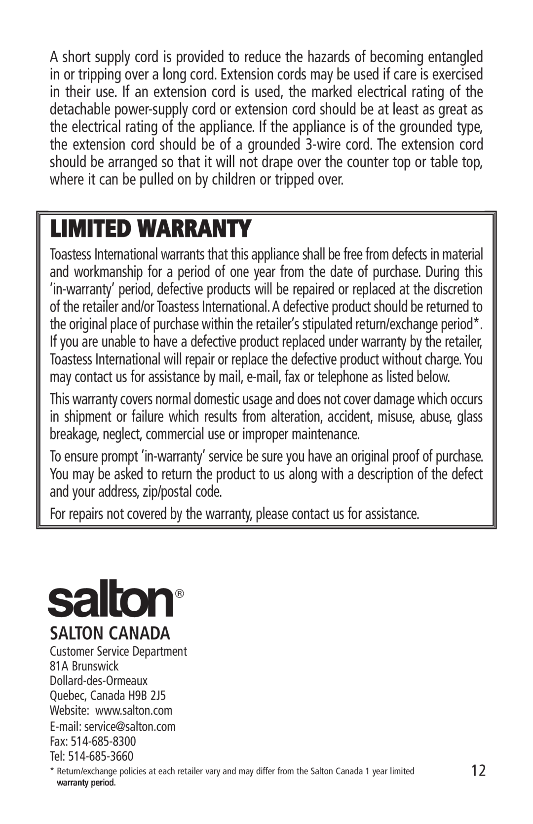Salton JE-1013 manual Salton Canada, Limited Warranty 