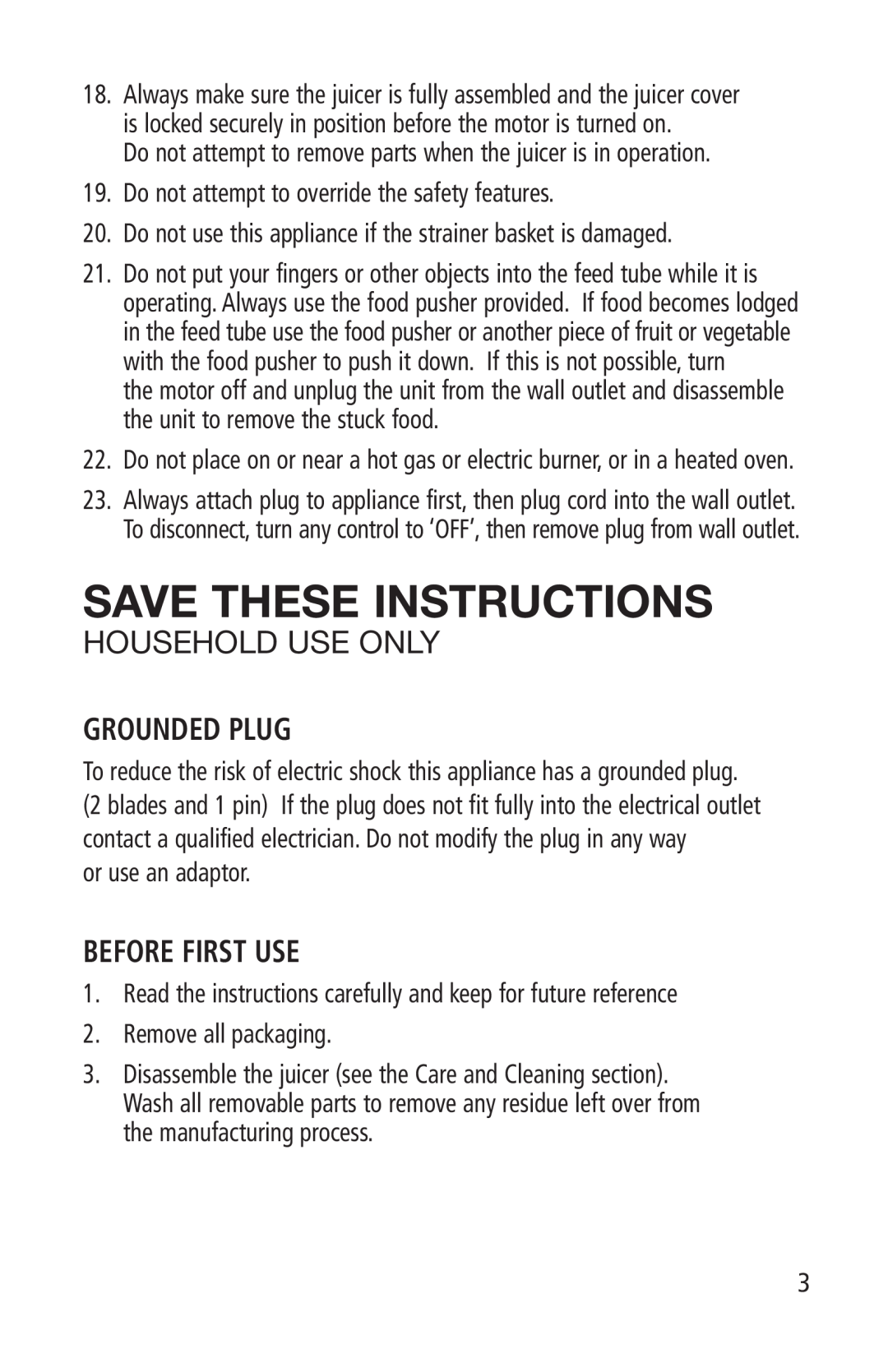 Salton JE-1013 manual Save These Instructions, Grounded Plug, Before First Use, Household Use Only 