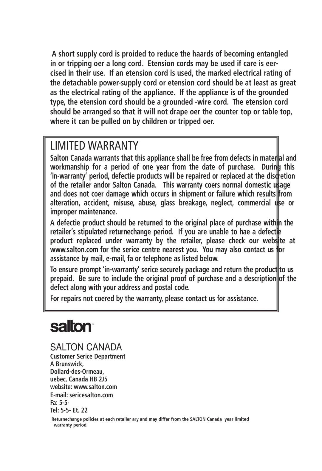 Salton JE-1187 manual Salton Canada, Tel 514-685-3660 Ext 