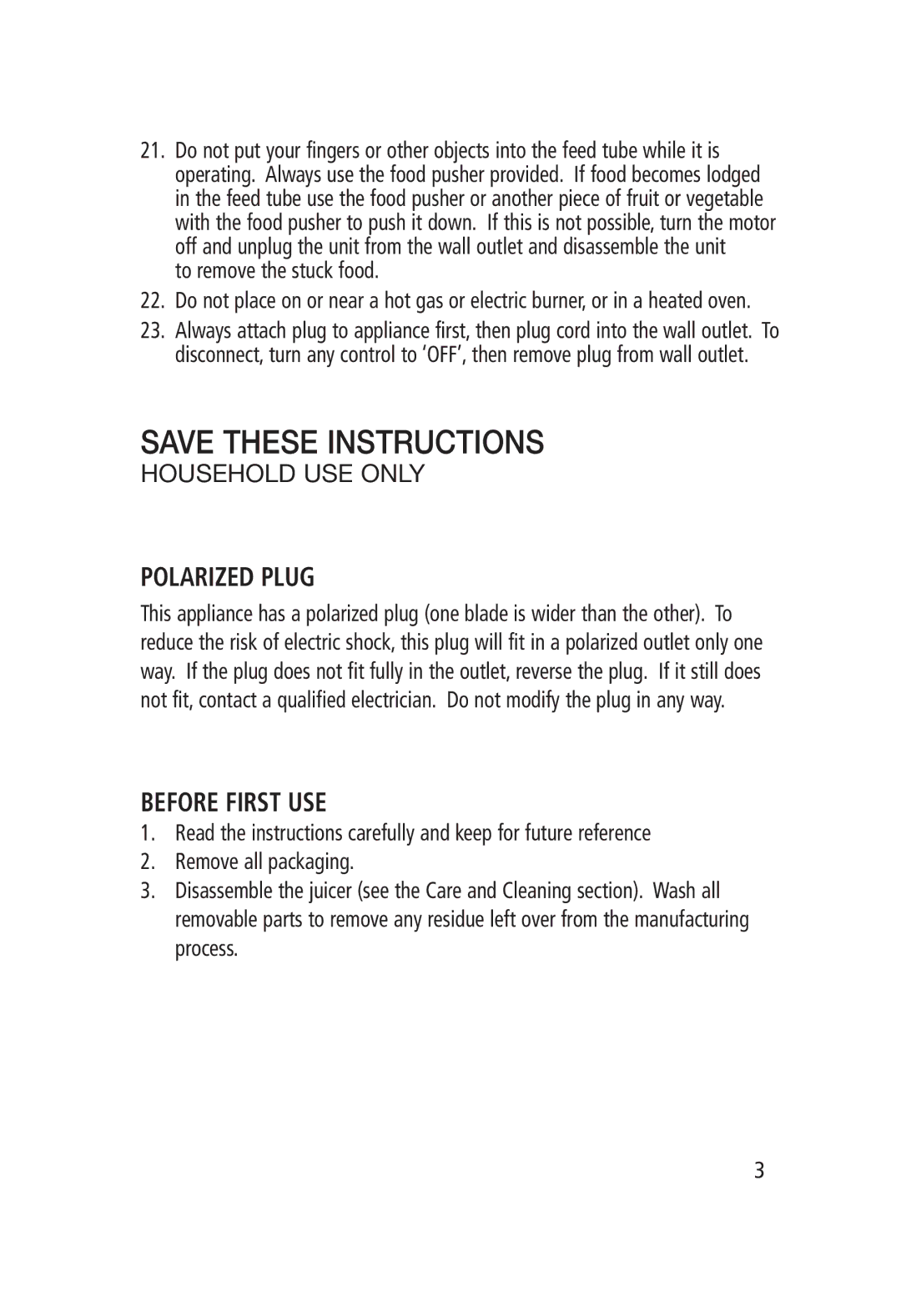 Salton JE-1187 manual Polarized Plug, Before First USE, To remove the stuck food 