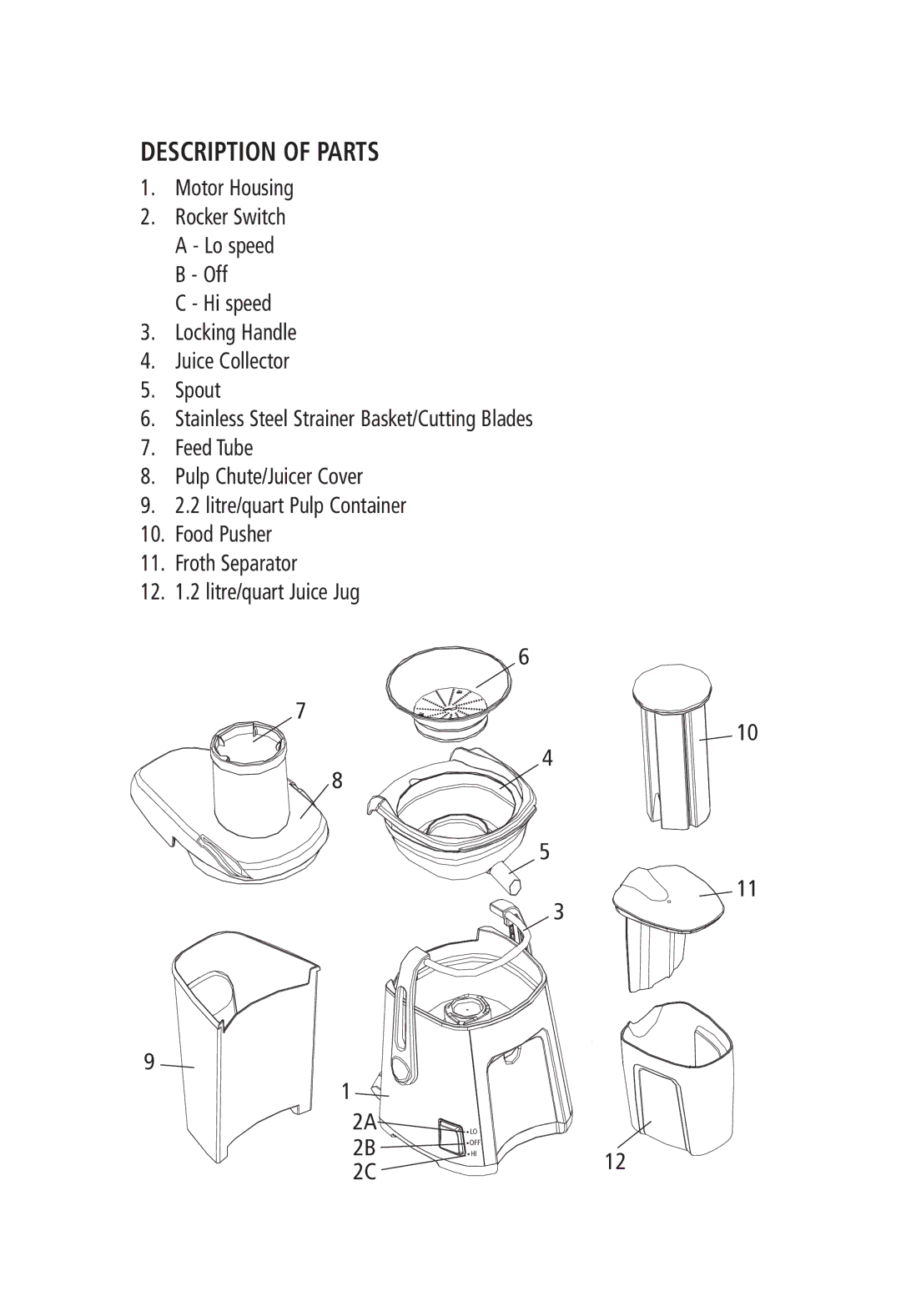 Salton JE-1187 manual Description of Parts, Motor Housing, Hi speed Locking Handle Juice Collector Spout 