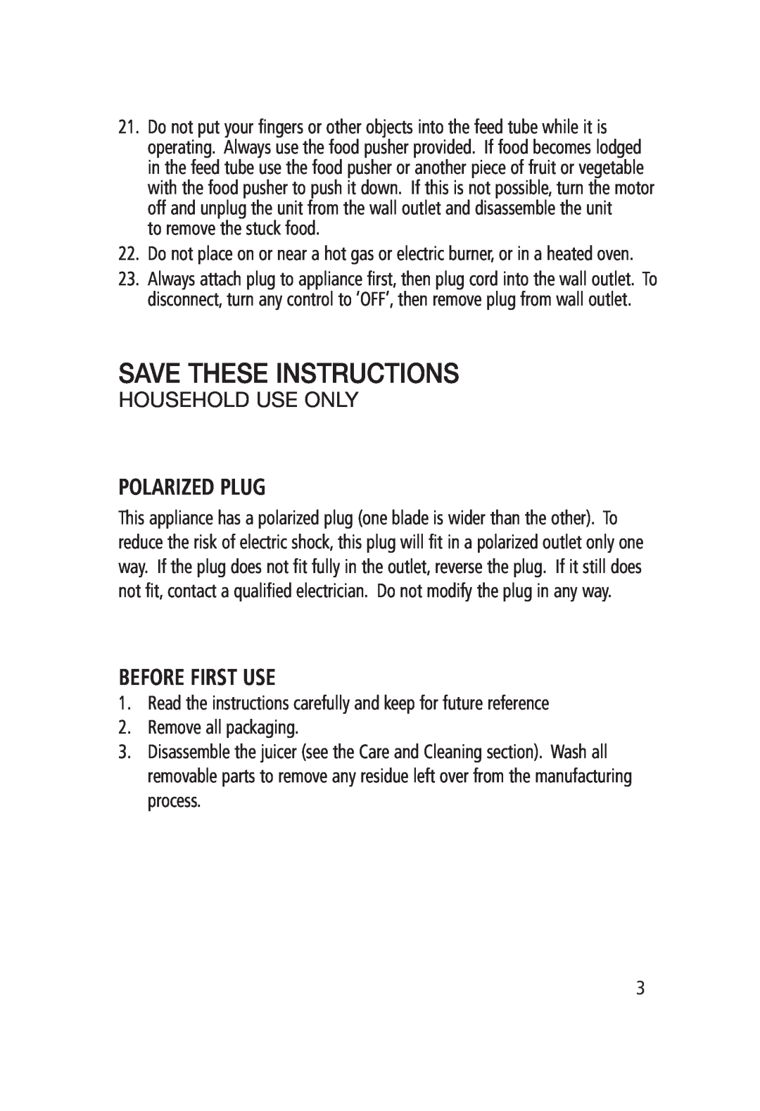 Salton JE-1187 manual Polarized Plug, Before First Use, Save These Instructions, Household Use Only 