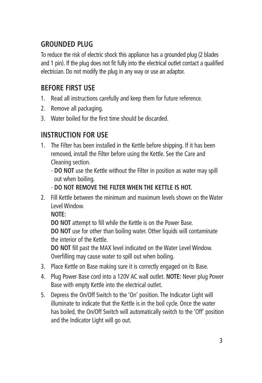 Salton JK-1199 manual Grounded Plug, Before First USE, Instruction for USE 