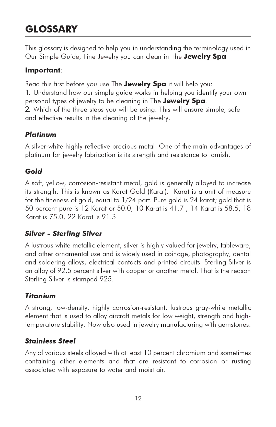 Salton JW10 owner manual Glossary, Platinum 