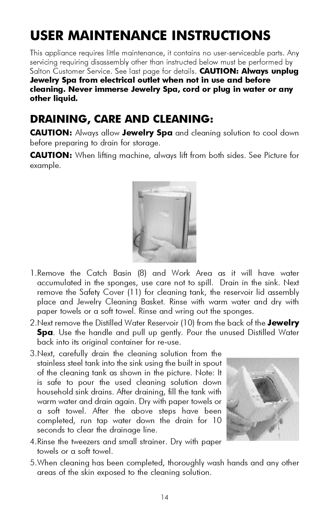 Salton JW10 owner manual User Maintenance Instructions, DRAINING, Care and Cleaning 