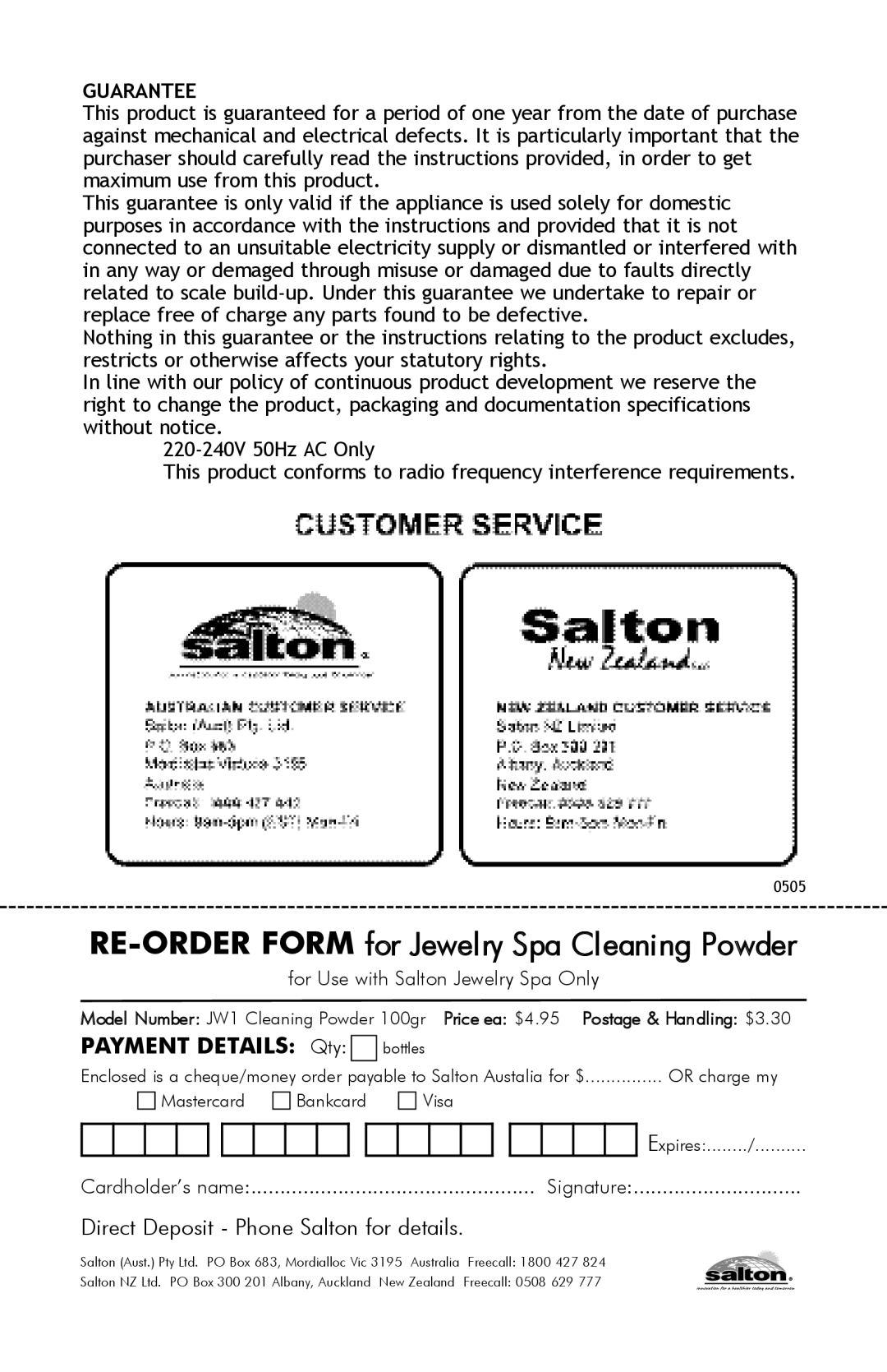 Salton JW10 owner manual RE-ORDER Form for Jewelry Spa Cleaning Powder 