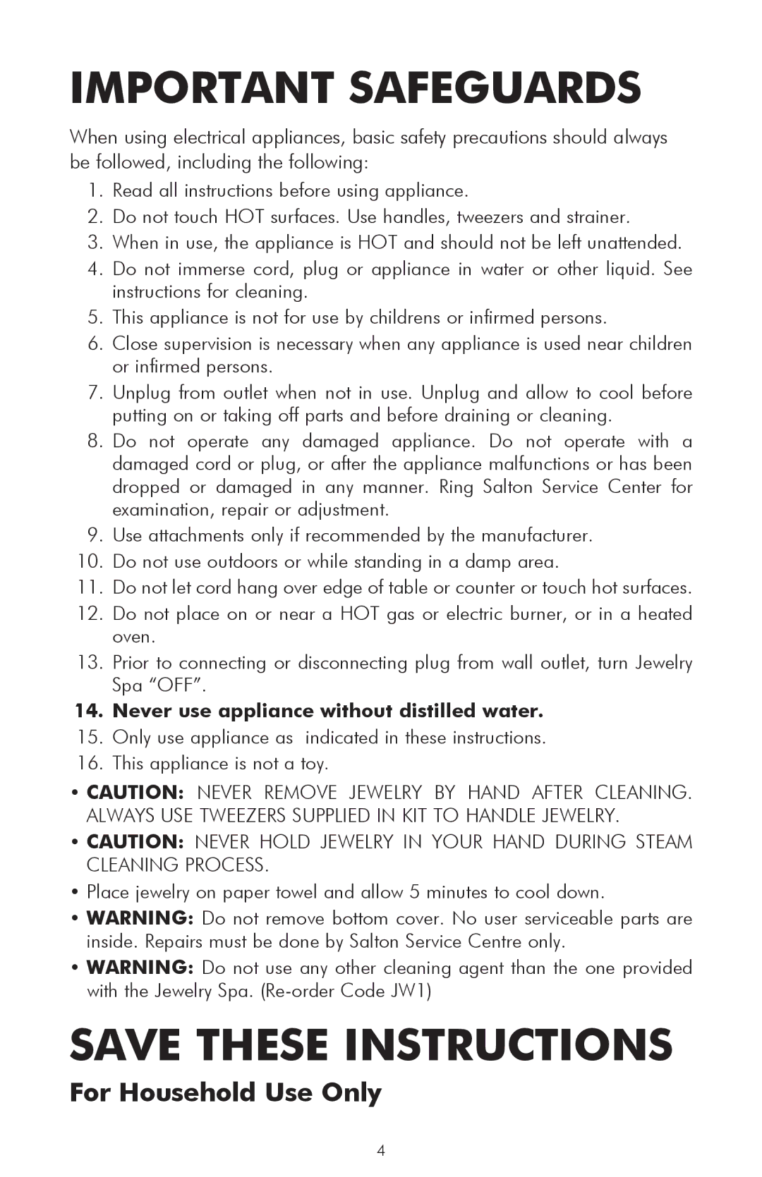 Salton JW10 owner manual Important Safeguards 