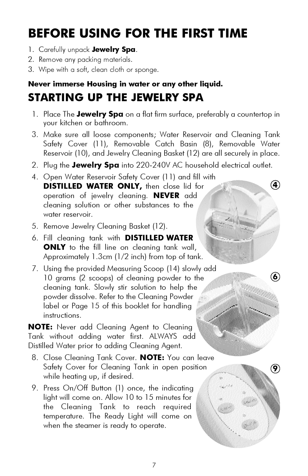 Salton JW10 owner manual Before Using for the First Time, Starting UP the Jewelry SPA 