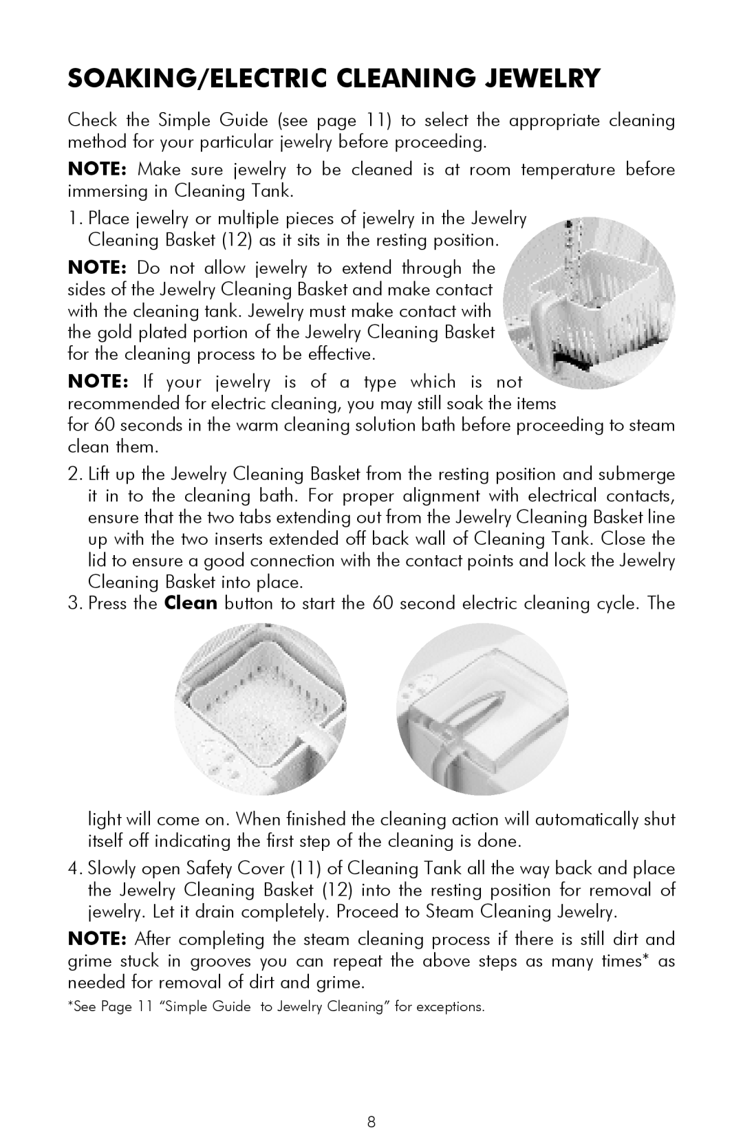 Salton JW10 owner manual SOAKING/ELECTRIC Cleaning Jewelry 