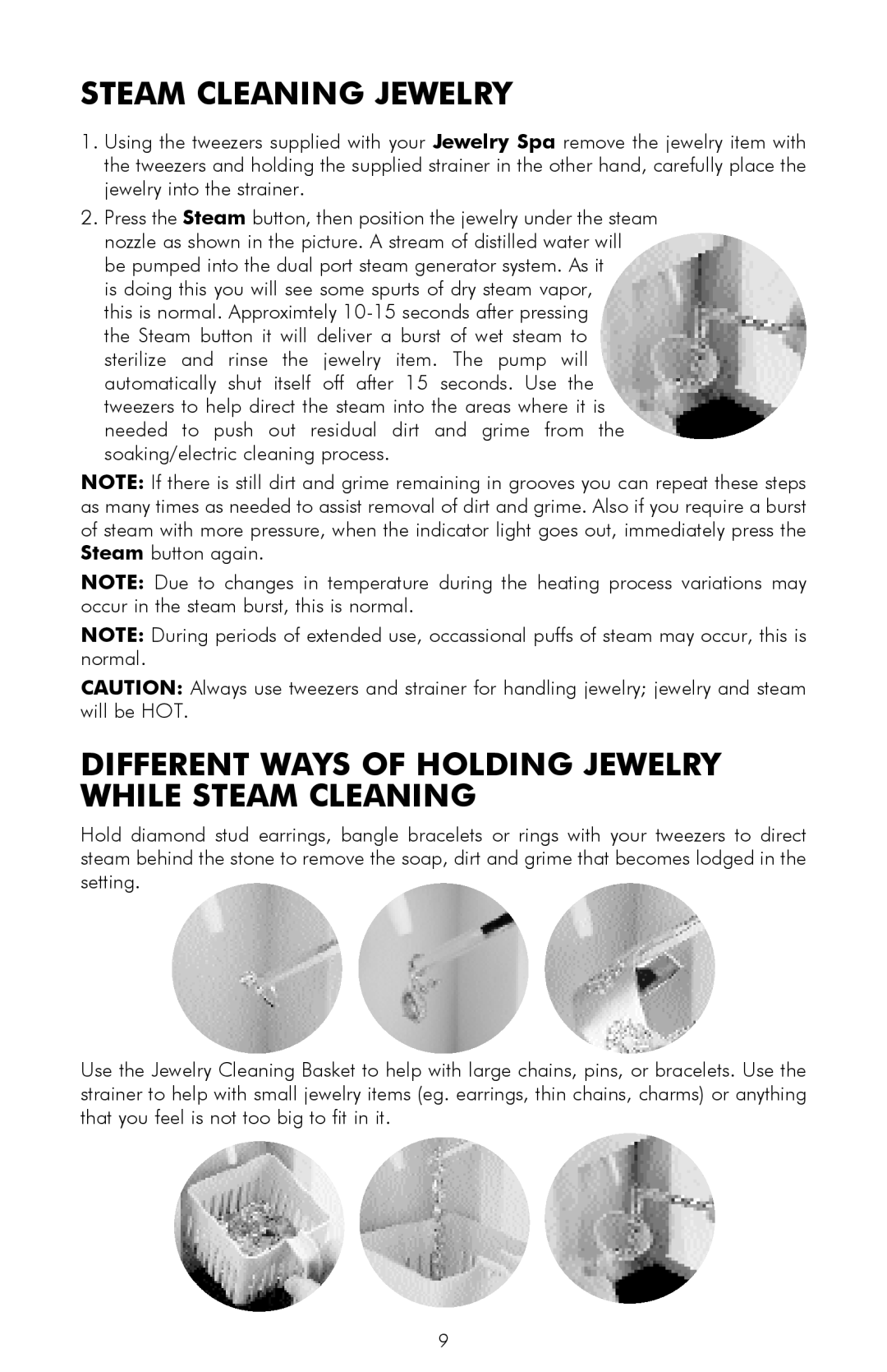 Salton JW10 owner manual Steam Cleaning Jewelry, Different Ways of Holding Jewelry While Steam Cleaning 