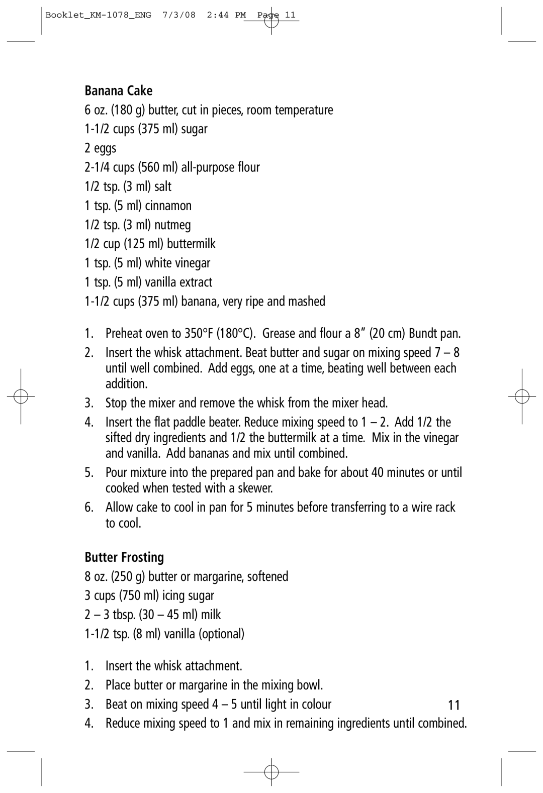 Salton KM-1078 manual Banana Cake, Butter Frosting 