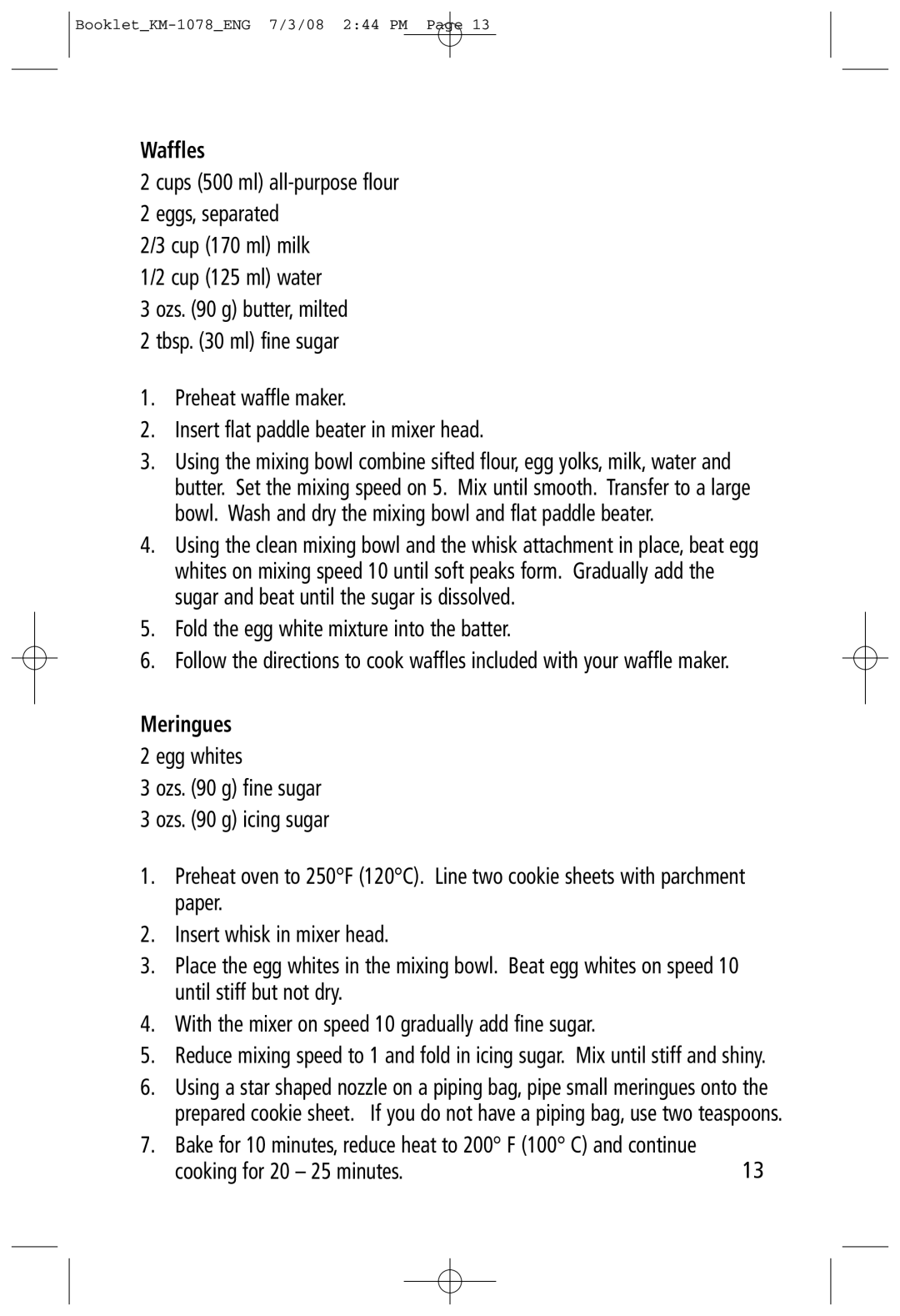 Salton KM-1078 manual Waffles, Meringues 
