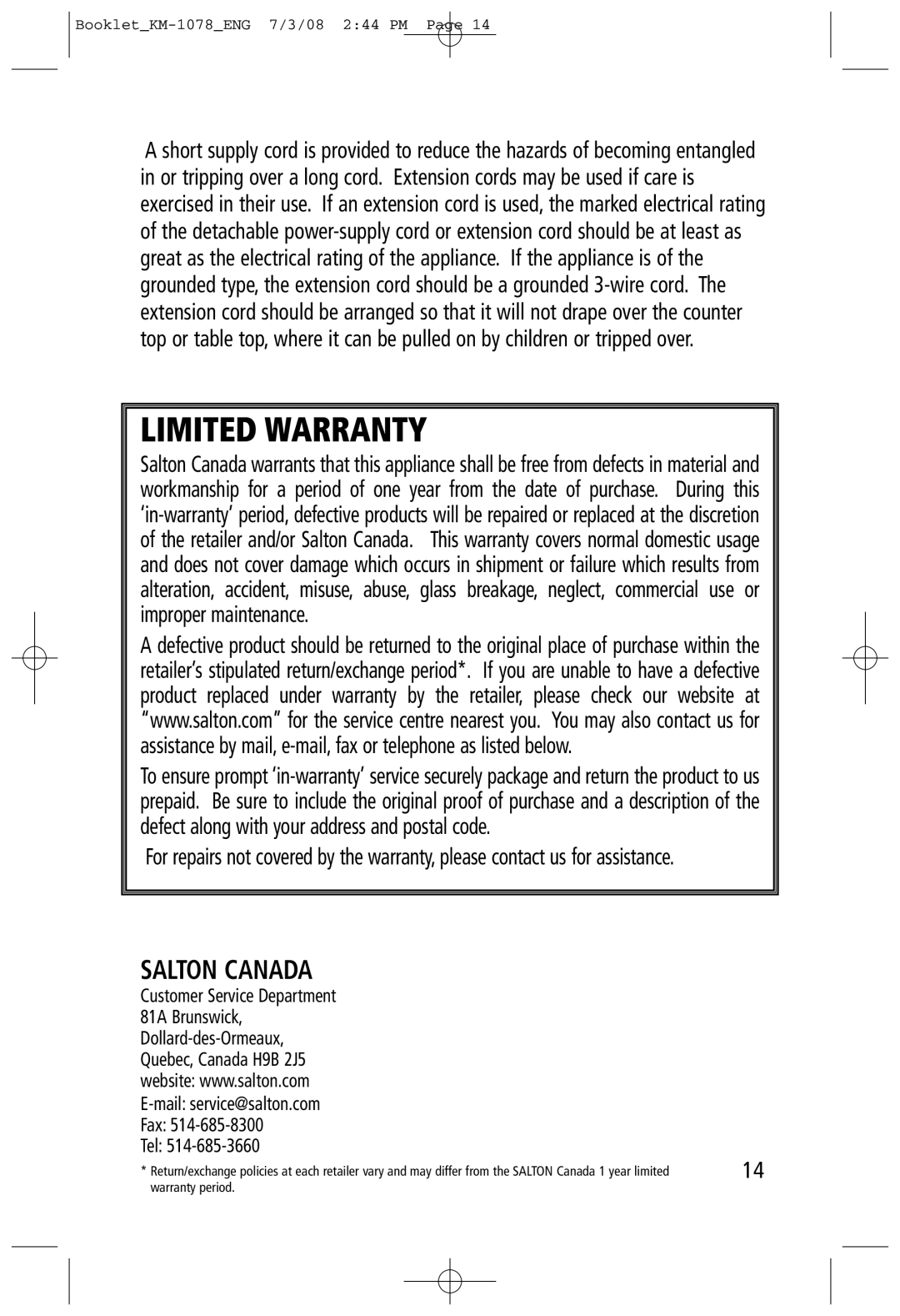 Salton KM-1078 manual Limited Warranty, Salton Canada 