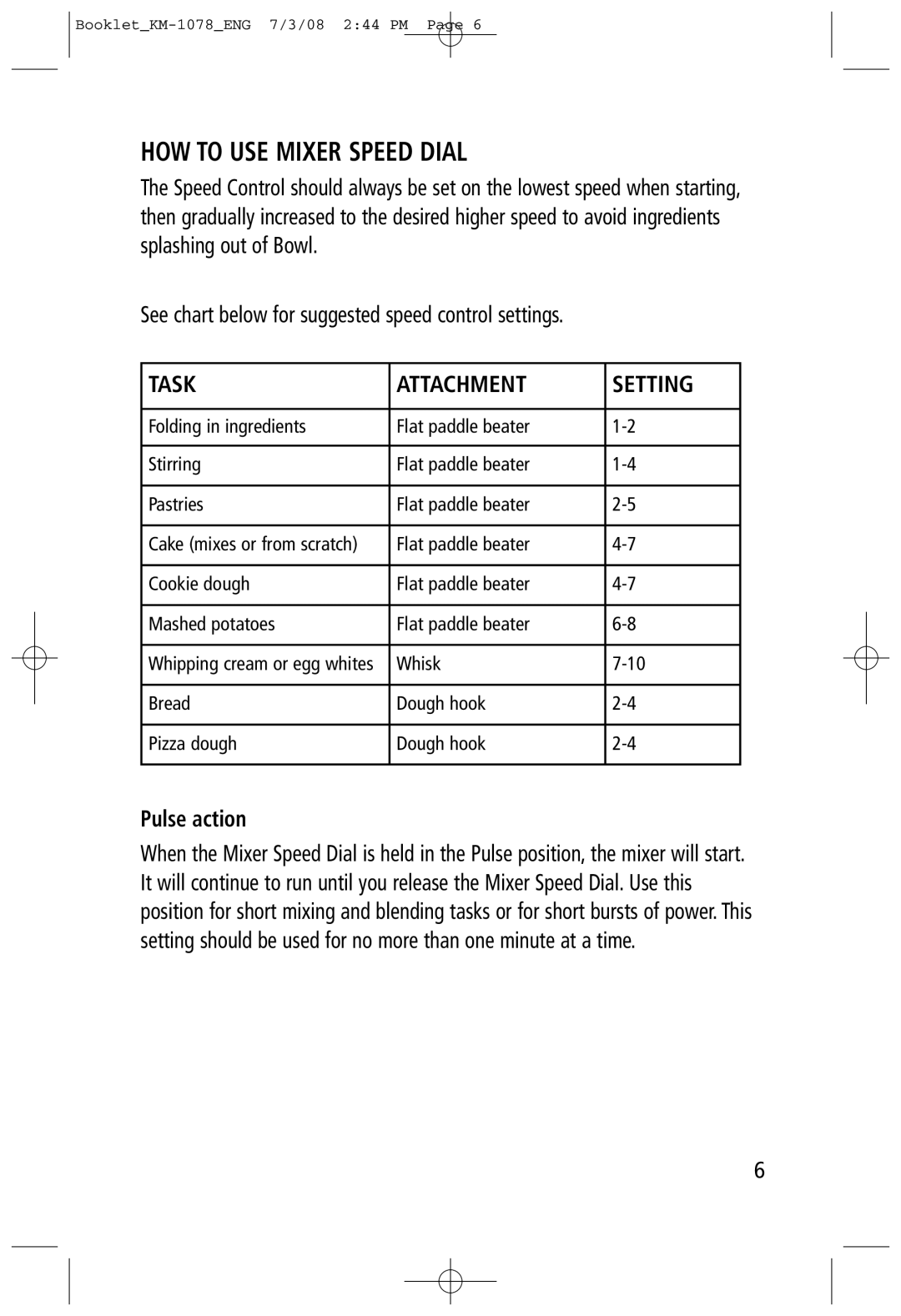 Salton KM-1078 manual HOW to USE Mixer Speed Dial, Pulse action 