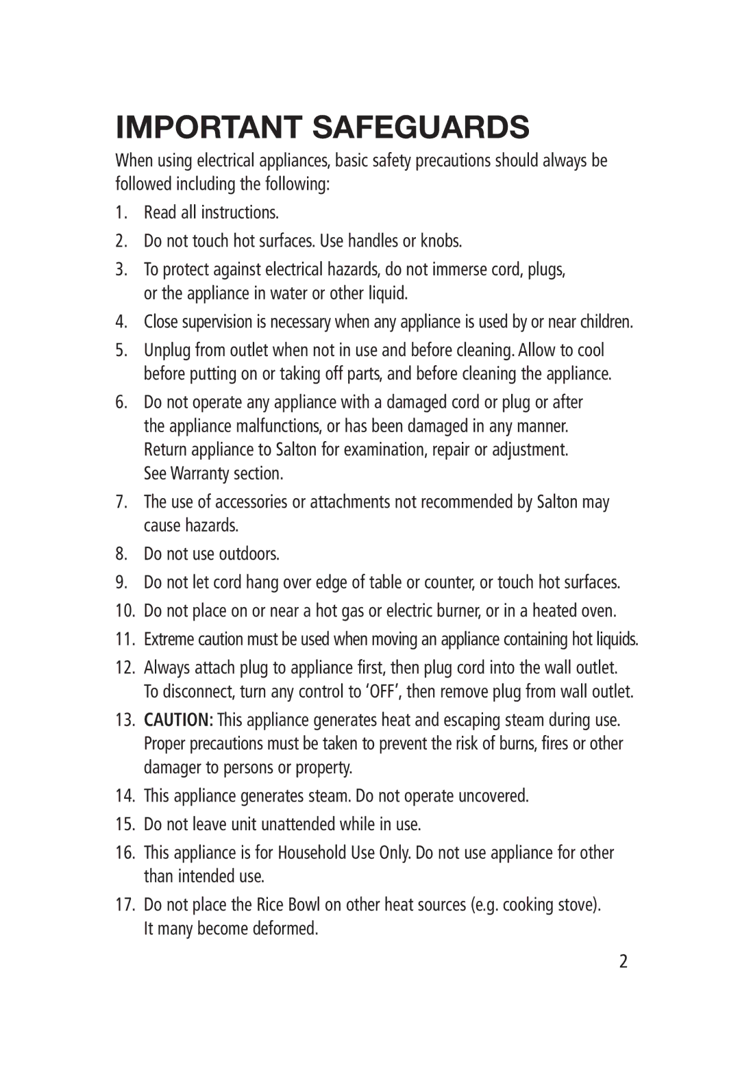 Salton RC-1203 manual Important Safeguards 