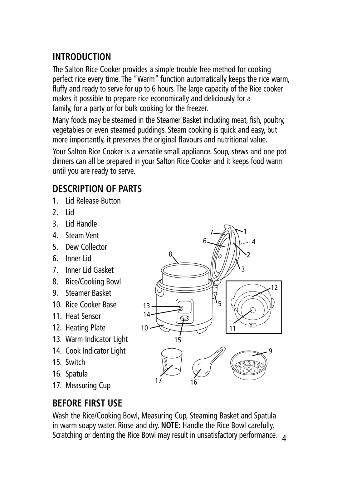 Salton RC-1203 manual Introduction, Description of Parts, Before First USE 