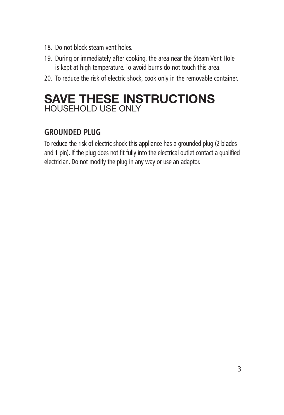 Salton RC-1203 manual Save These Instructions, Household Use Only, Grounded Plug 