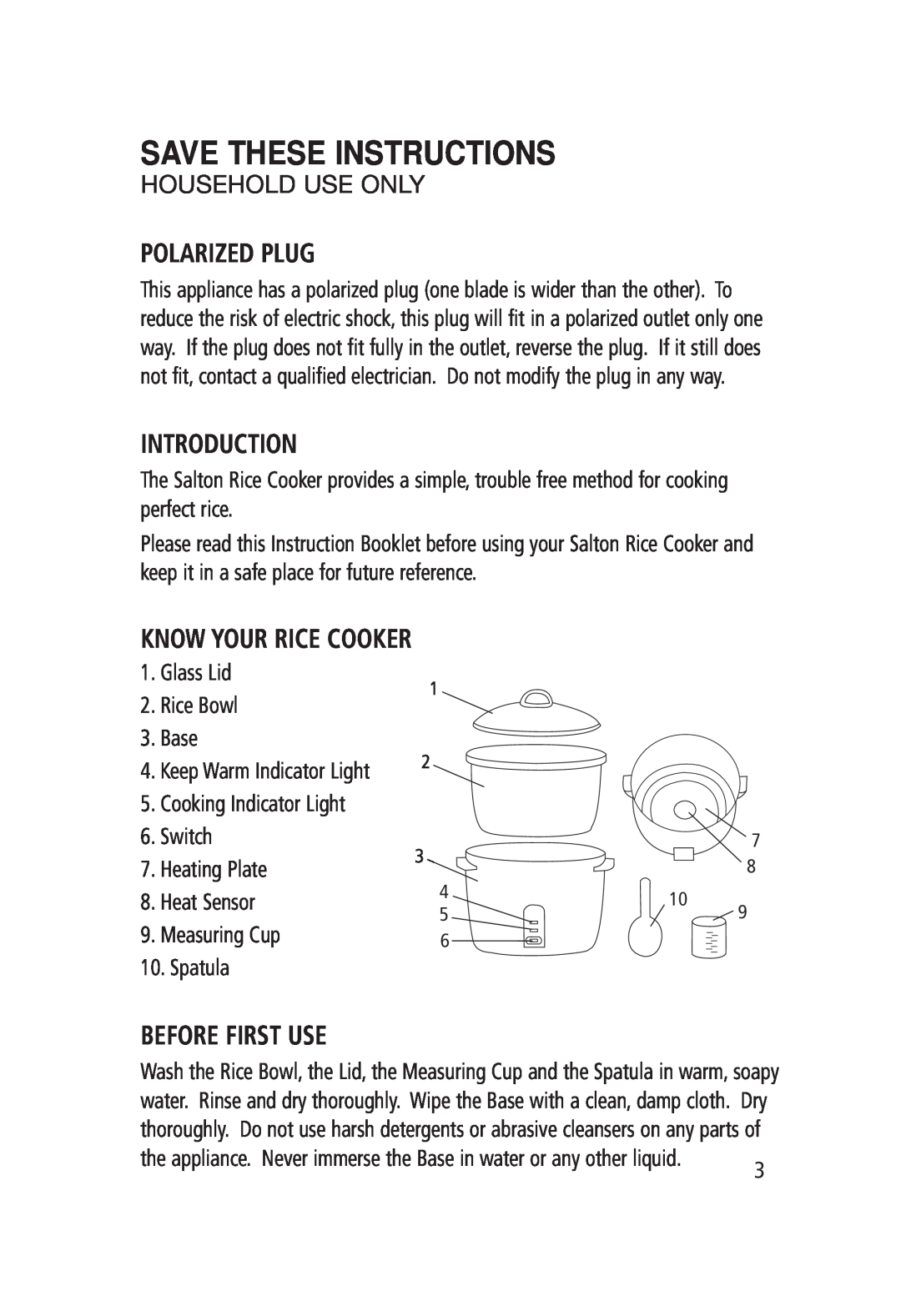 Salton RC-1211 manual Polarized Plug, Introduction, Know Your Rice Cooker, Before First Use, Save These Instructions 