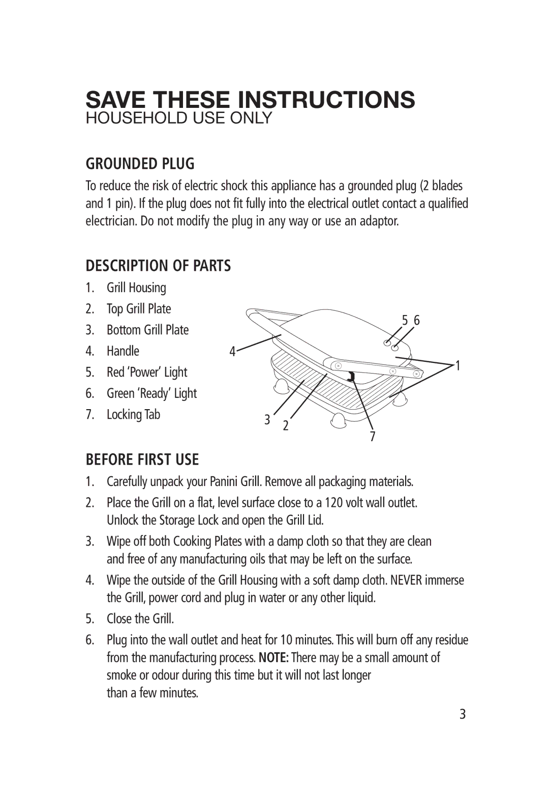 Salton SG-1207 manual Grounded Plug, Description of Parts, Before First USE 