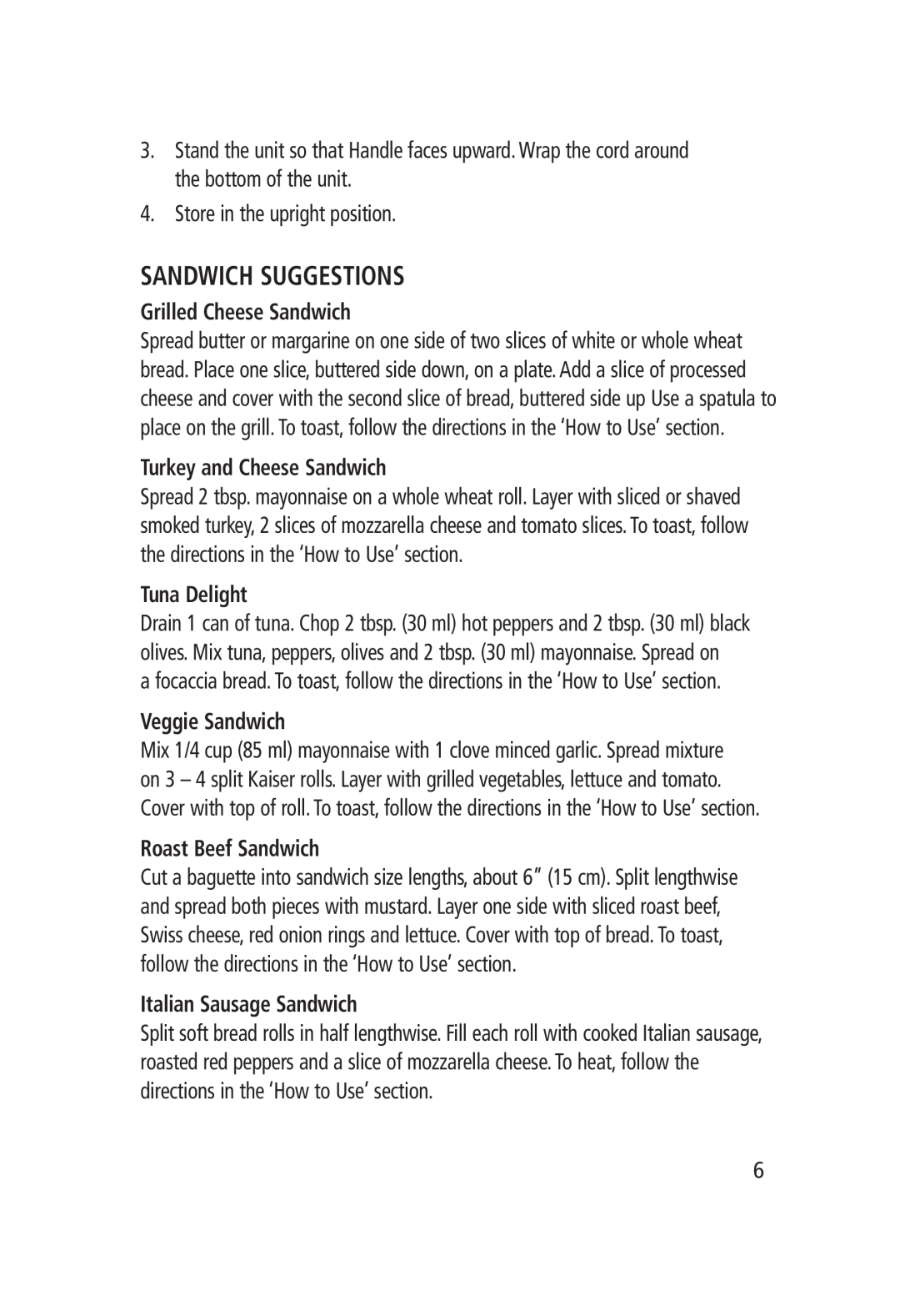 Salton SG-1207 Sandwich Suggestions, Grilled Cheese Sandwich, Turkey and Cheese Sandwich, Tuna Delight, Veggie Sandwich 