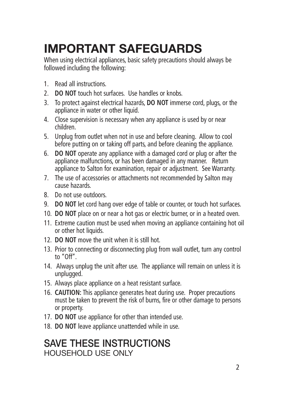 Salton WM-1186 manual Important Safeguards 