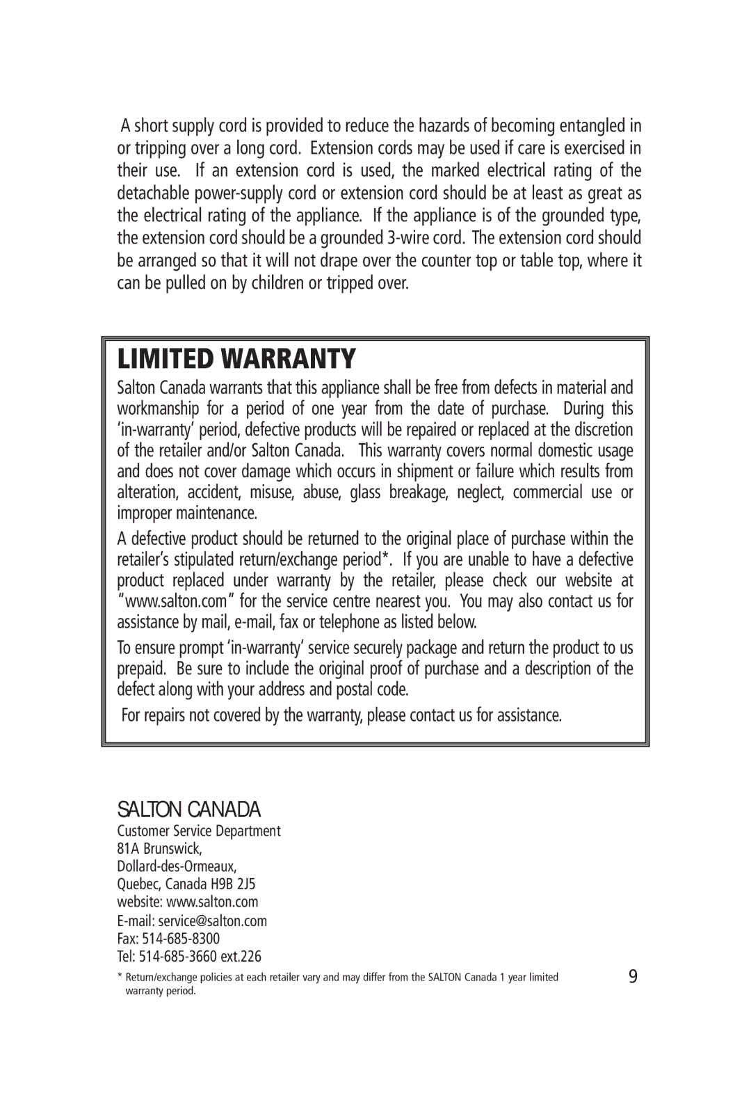 Salton WM-1186 manual Limited Warranty, Salton Canada 