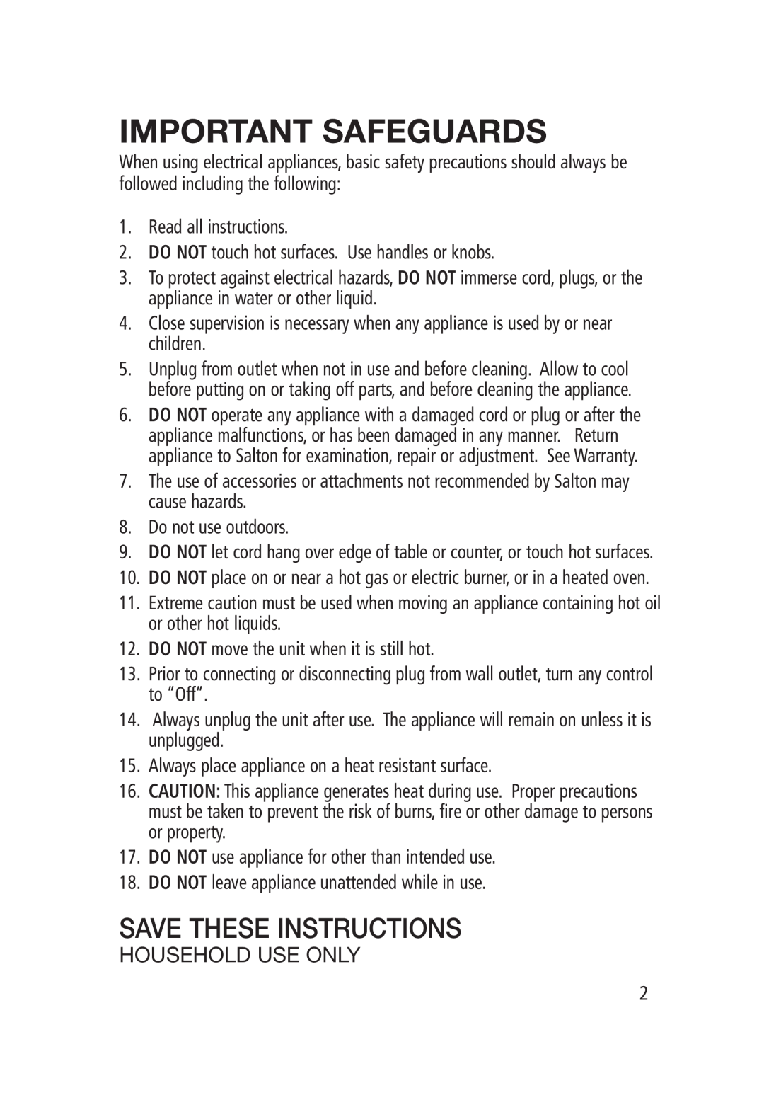 Salton WM-1186 manual Important Safeguards, Save These Instructions, Household Use Only 