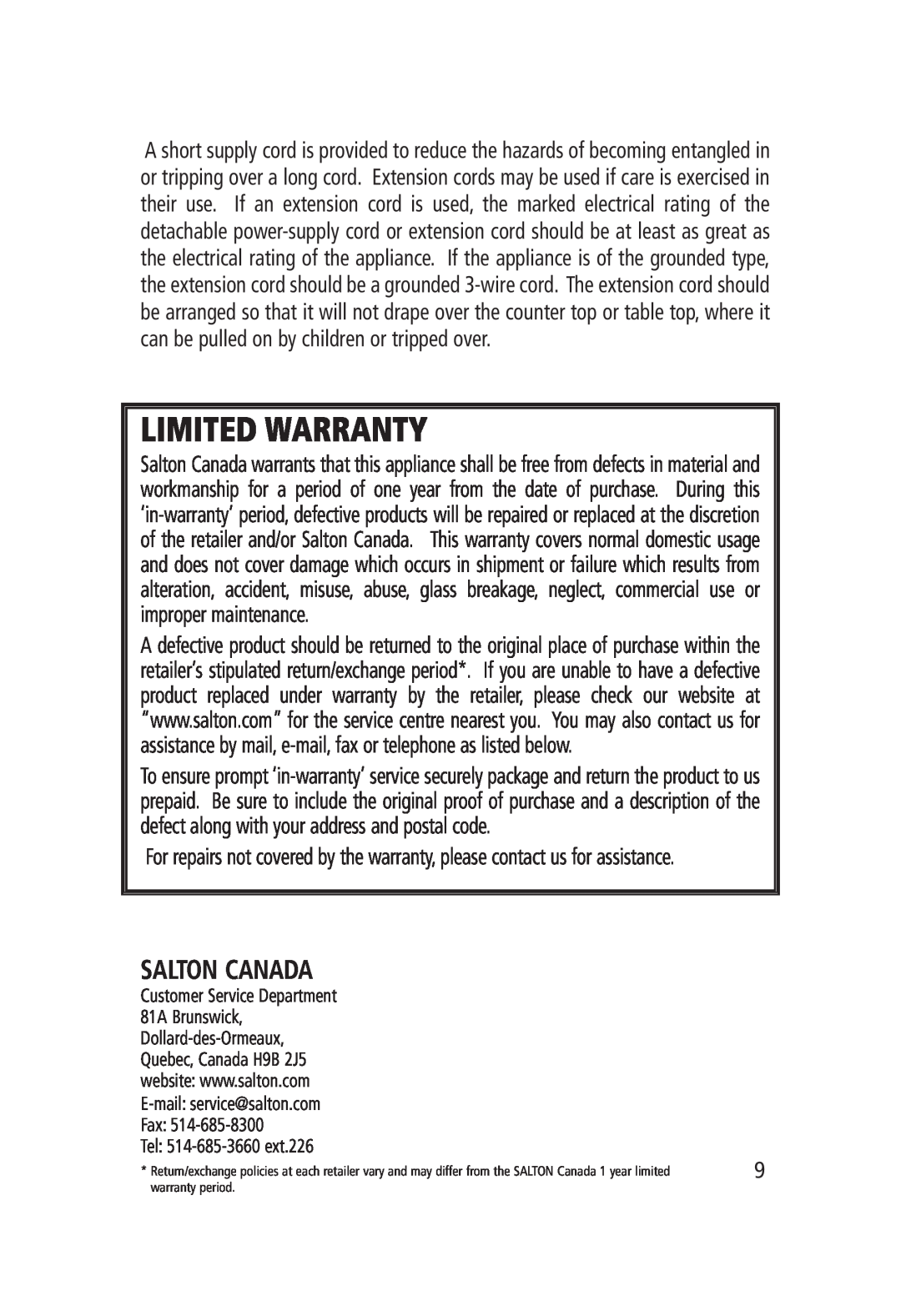 Salton WM-1186 manual Salton Canada, Limited Warranty 