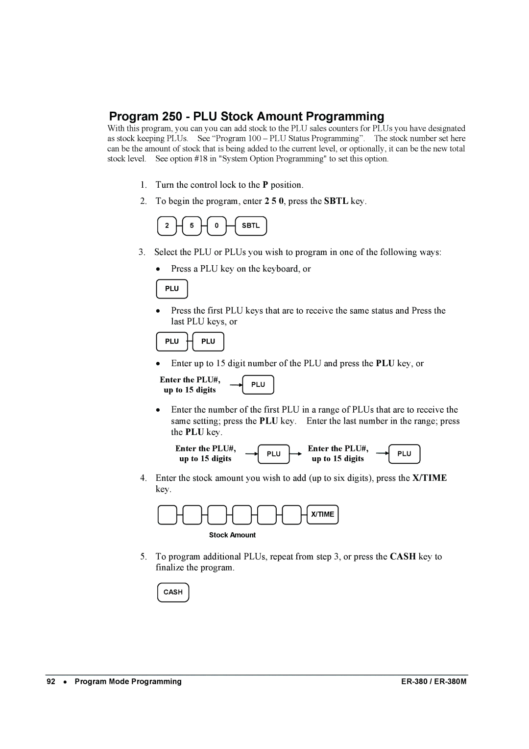 Sam4s ER-380M specifications Program 250 PLU Stock Amount Programming 