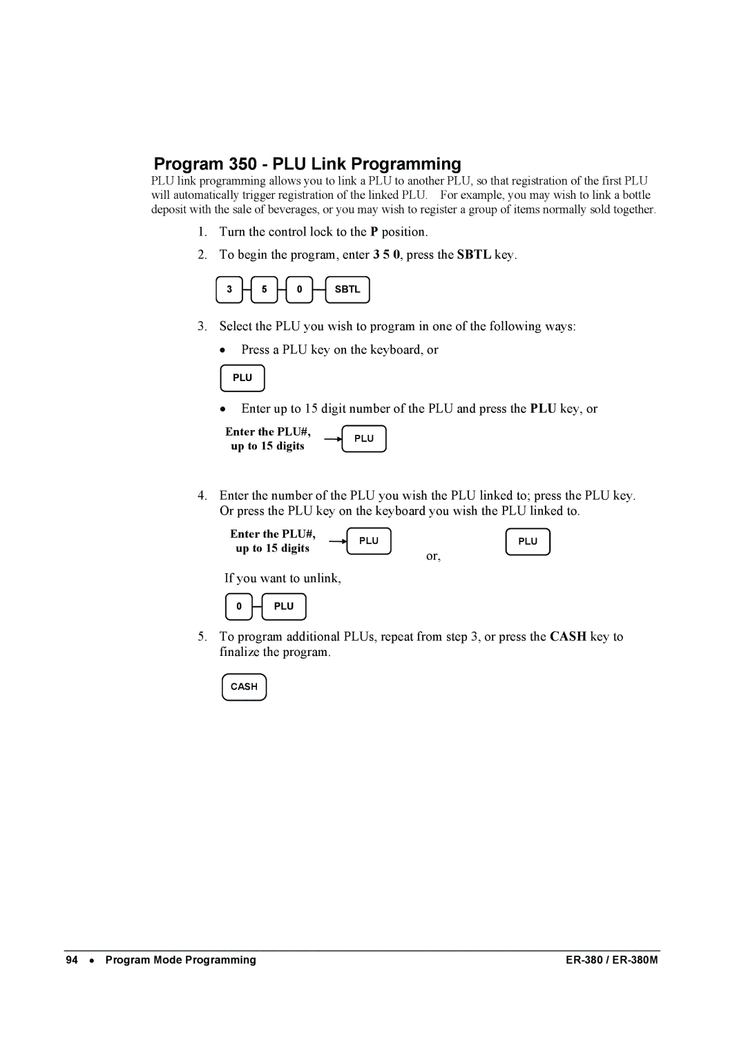 Sam4s ER-380M specifications Program 350 PLU Link Programming 