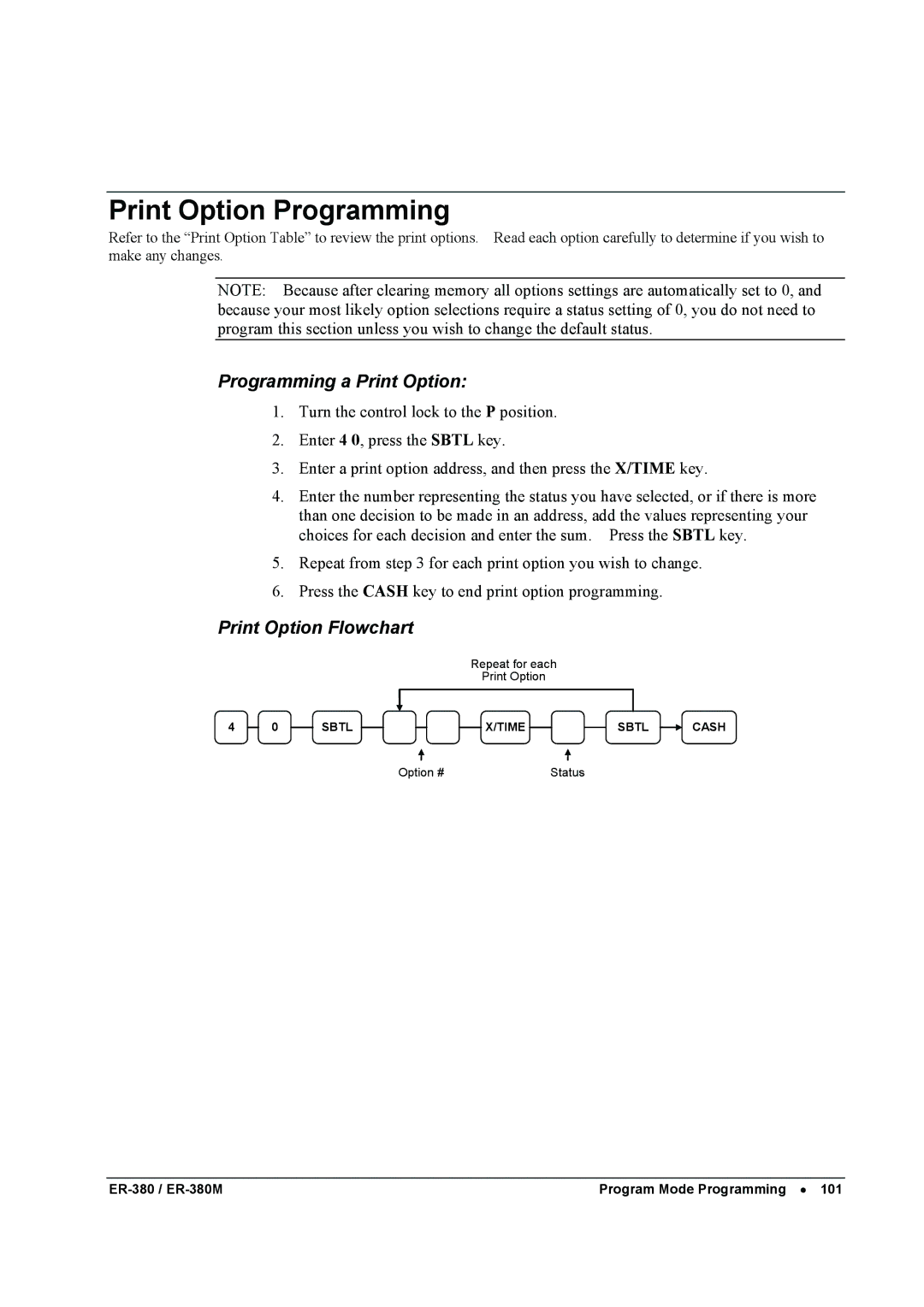 Sam4s ER-380M specifications Print Option Programming, Programming a Print Option, Print Option Flowchart 