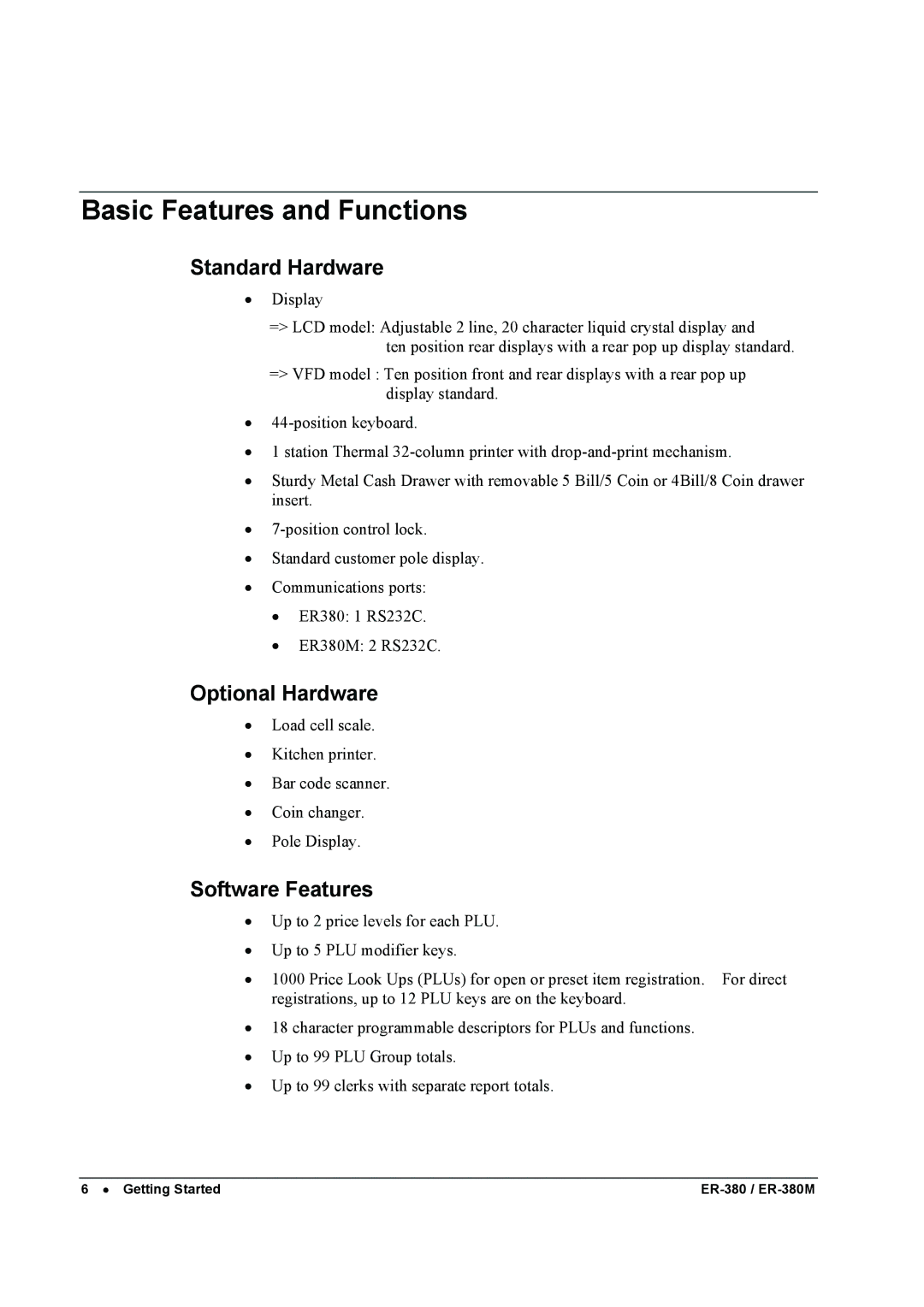 Sam4s ER-380M specifications Basic Features and Functions, Standard Hardware, Optional Hardware, Software Features 