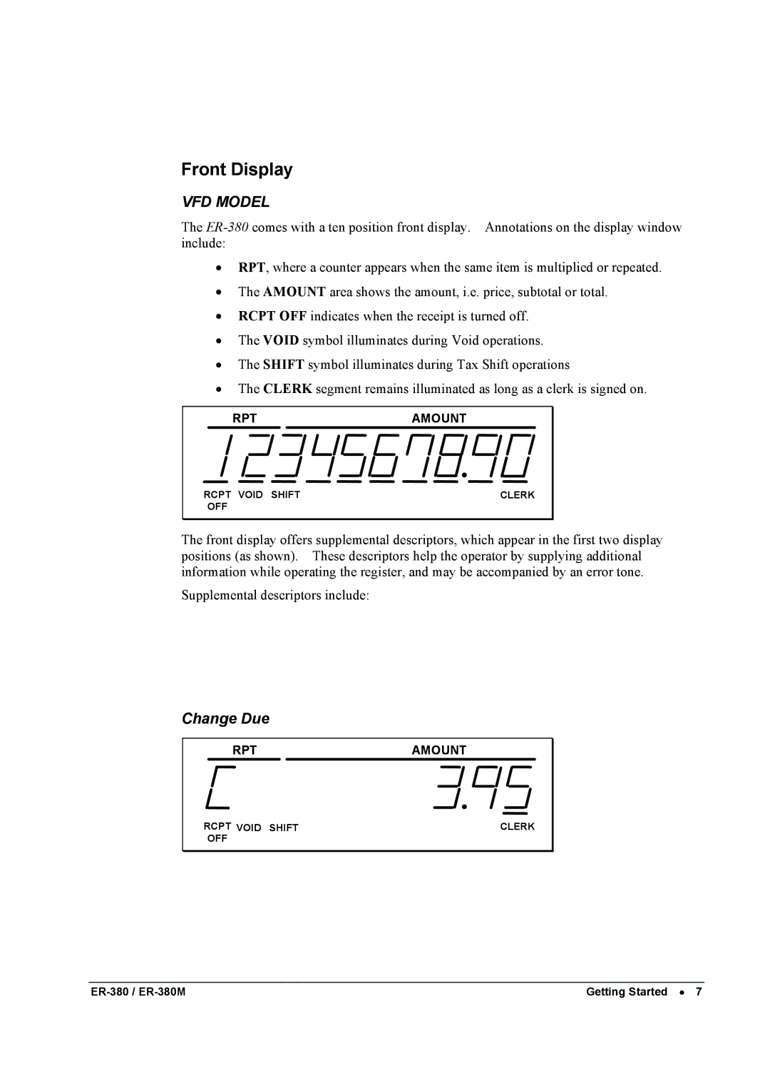 Sam4s ER-380M specifications Front Display, Change Due 