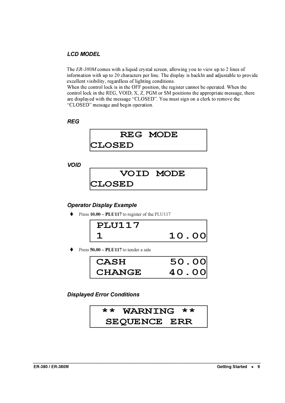 Sam4s ER-380M specifications Operator Display Example, Displayed Error Conditions 