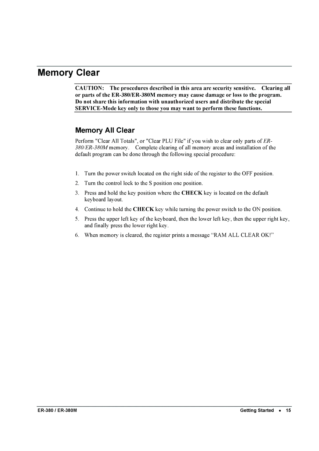 Sam4s ER-380M specifications Memory Clear, Memory All Clear 