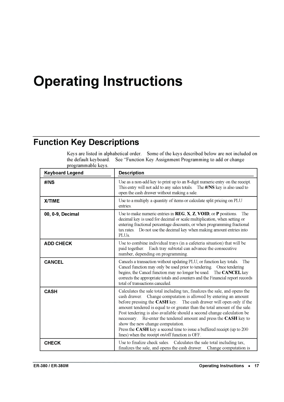 Sam4s ER-380M specifications Operating Instructions, Function Key Descriptions 