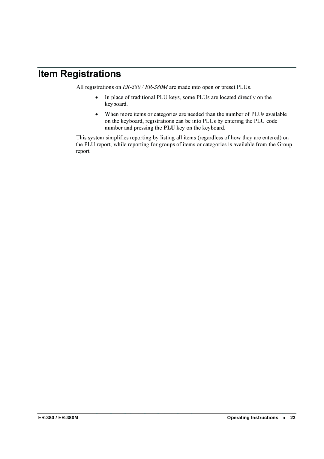 Sam4s ER-380M specifications Item Registrations 