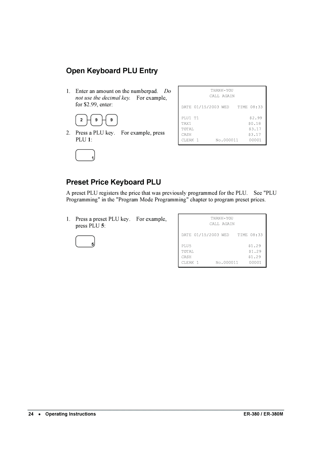 Sam4s ER-380M specifications Open Keyboard PLU Entry, Preset Price Keyboard PLU 