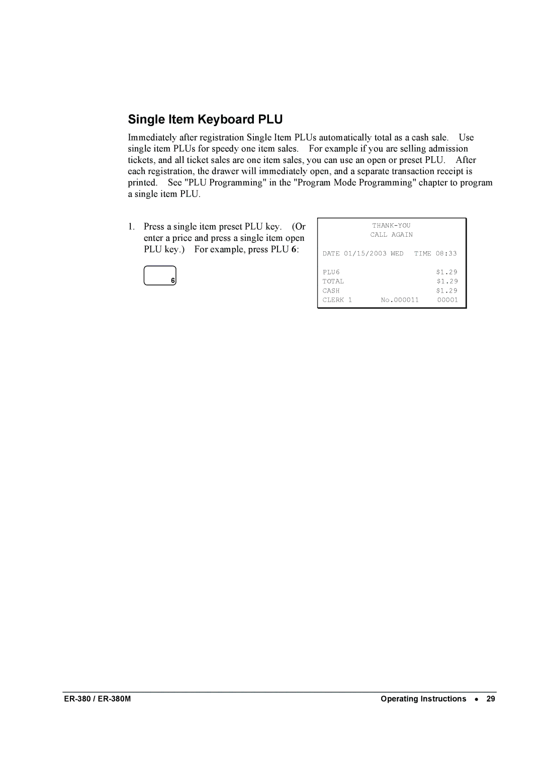 Sam4s ER-380M specifications Single Item Keyboard PLU 