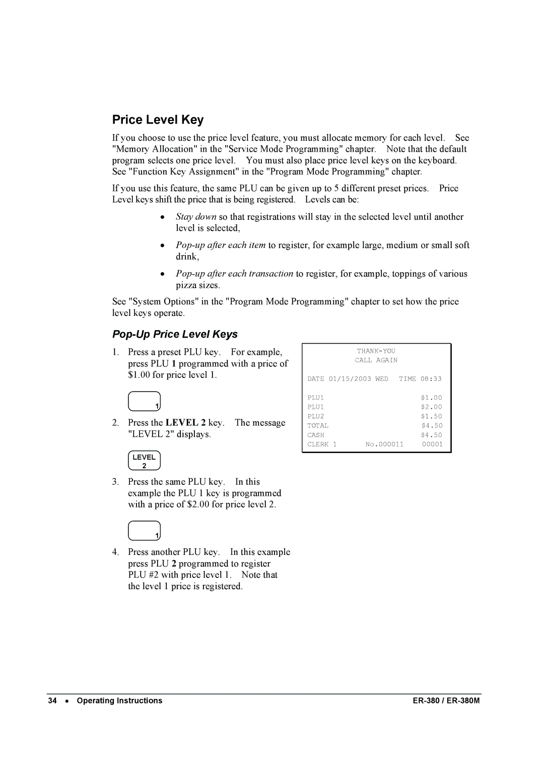 Sam4s ER-380M specifications Pop-Up Price Level Keys 