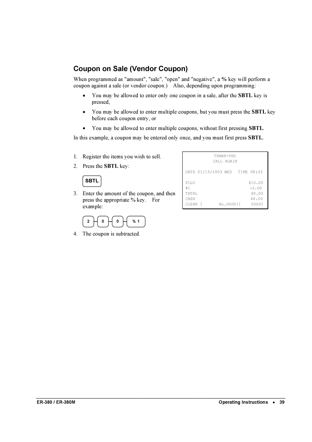 Sam4s ER-380M specifications Coupon on Sale Vendor Coupon 