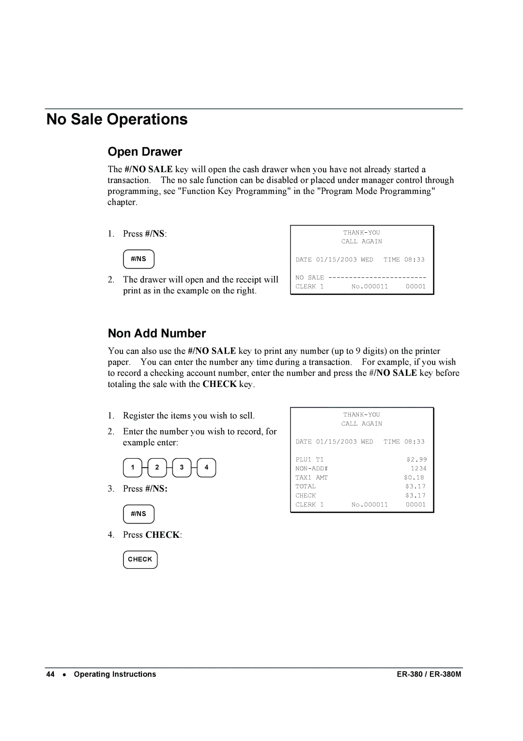 Sam4s ER-380M specifications No Sale Operations, Open Drawer, Non Add Number 