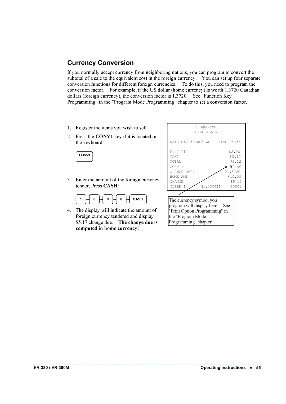 Sam4s ER-380M specifications Currency Conversion 