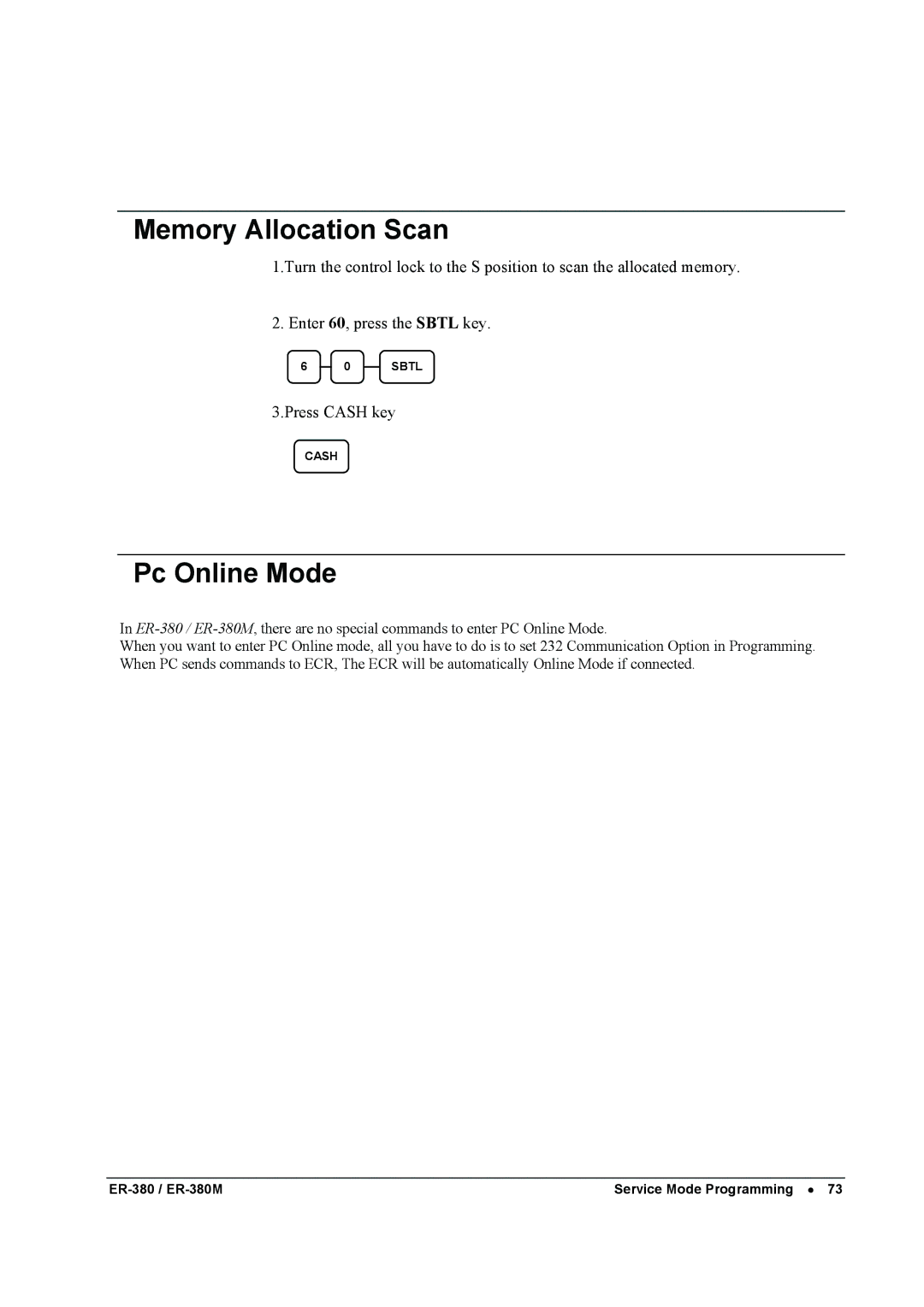 Sam4s ER-380M specifications Memory Allocation Scan, Pc Online Mode 