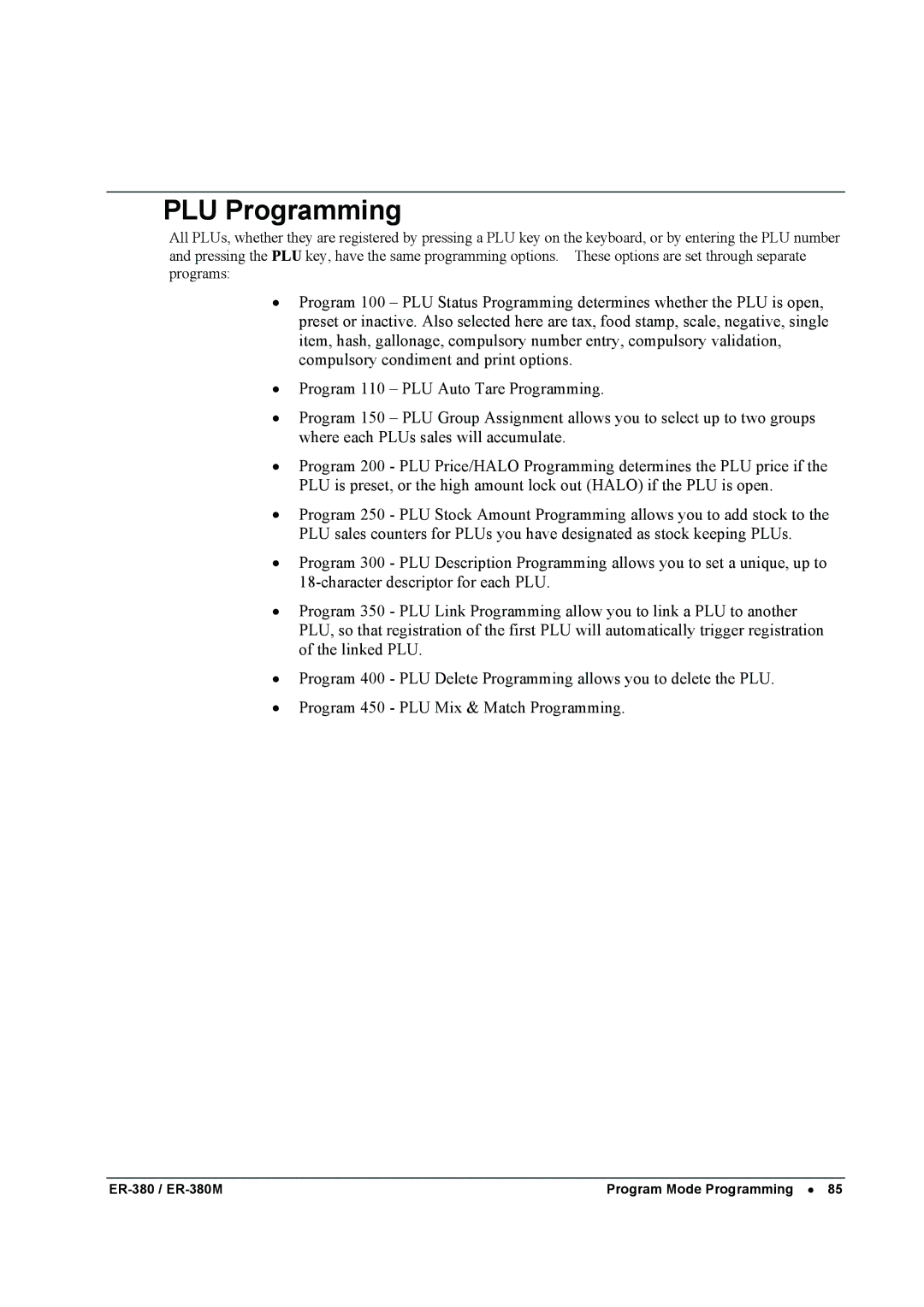 Sam4s ER-380M specifications PLU Programming 